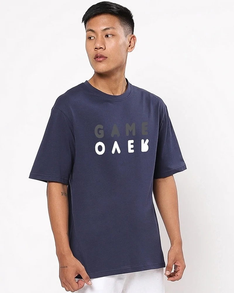 bewakoof Men's Navy Blue Game Over Minimal Typography Oversized T-shirt